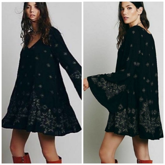 Free People Dresses & Skirts - Free People Boho Embroiderd Black Green Swing Dress